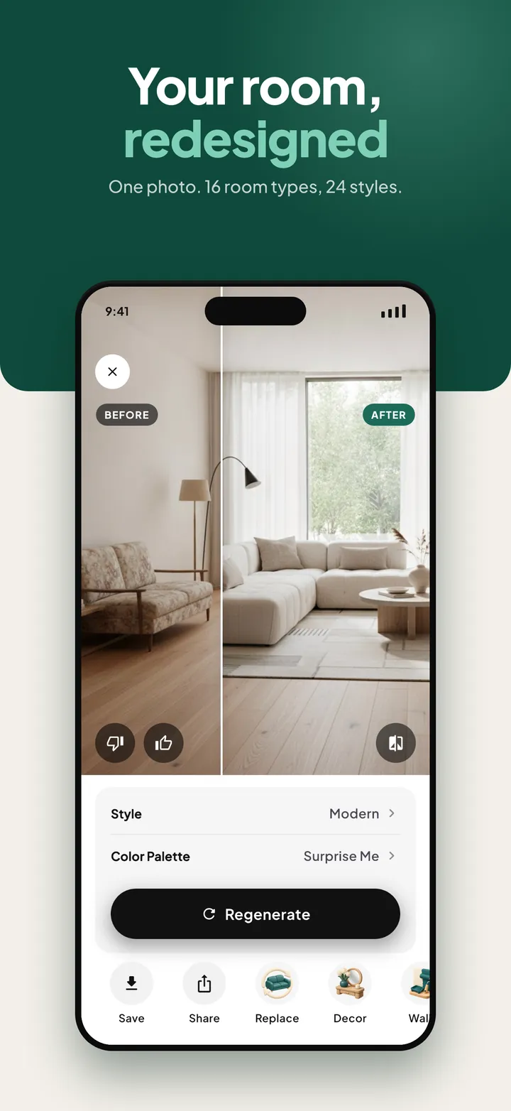 Casalo showing a living room before and after an AI redesign